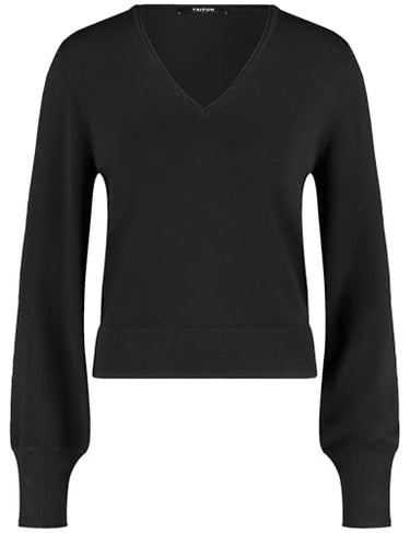 Taifun Damen Basic Pullover mit V-Ausschnitt Langarm, Ärmelbündchen unifarben Schwarz 42 im Sale